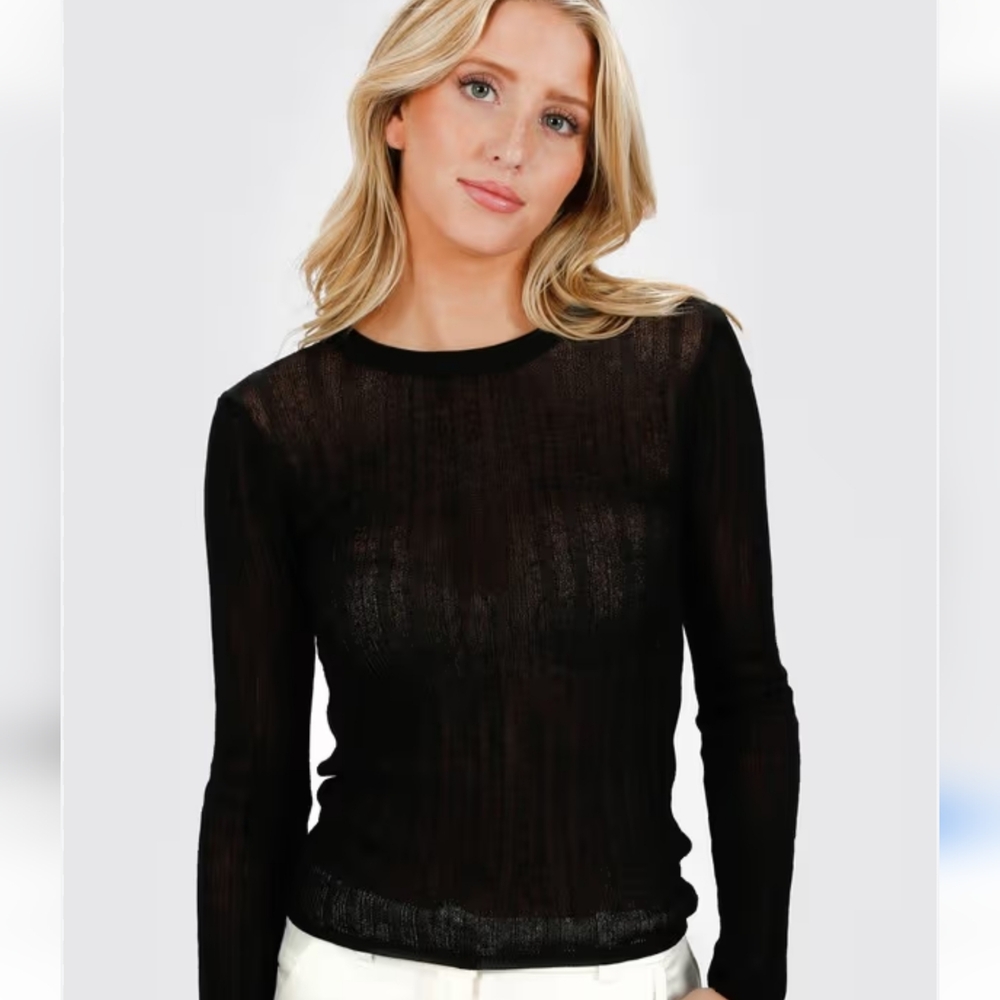 Numph Black Long Sleeve, Mesh Sheer Blouse Mock‎ Neck top lettuce hem Siz…